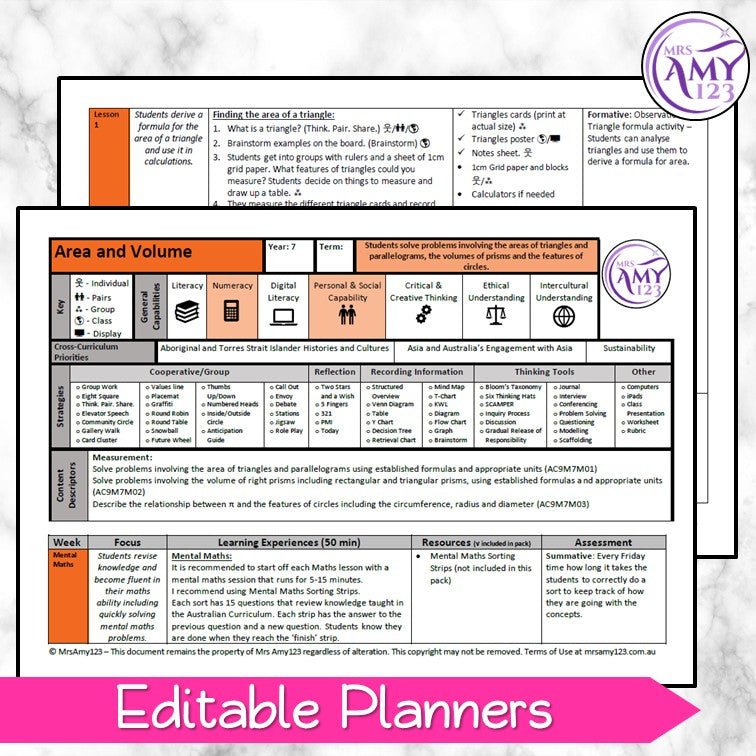 Year 7 Area & Volume Maths Program