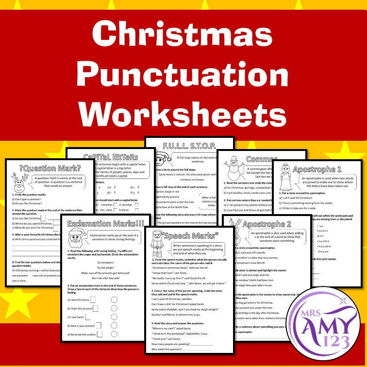 Christmas Punctuation Worksheets- Commas, full stops, question marks & more