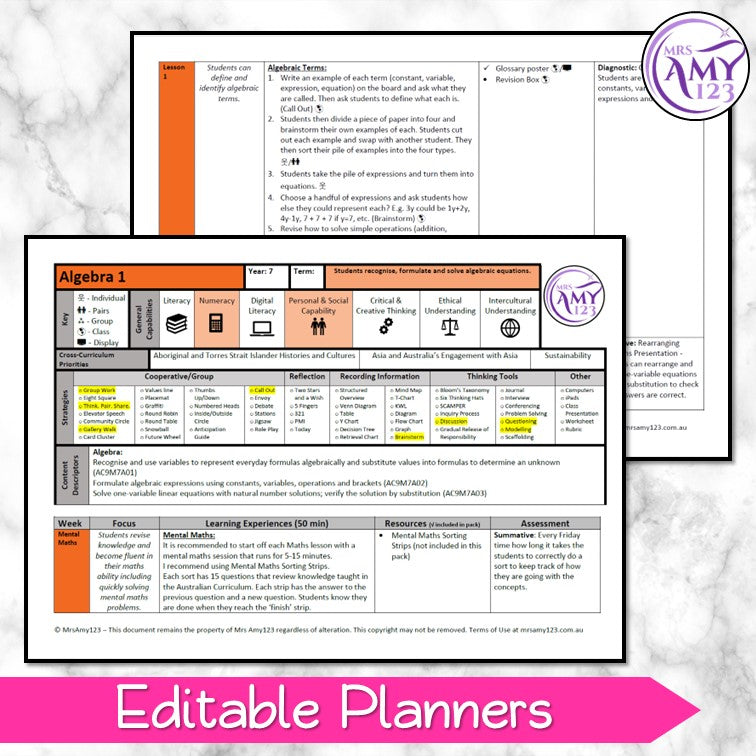 Year 7 Algebra Maths Program