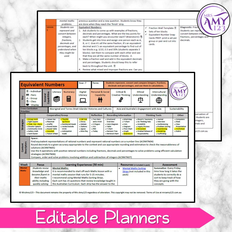 Year 7 Numbers Equivalent Representations Maths Program